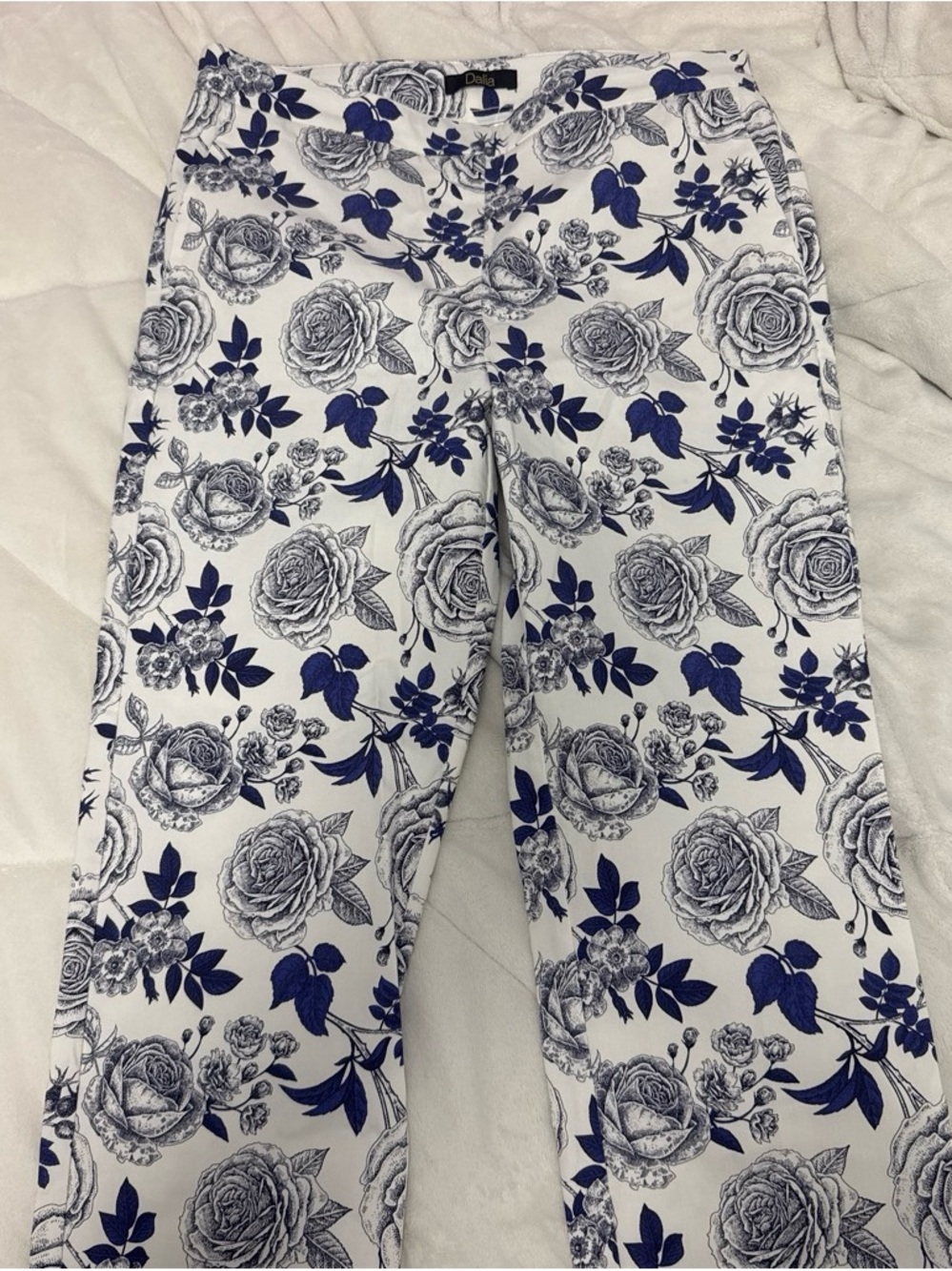 Dalia Women's Straight Leg Jeans in White with Blue Floral Print